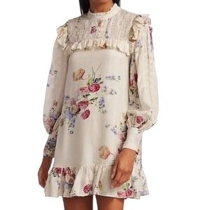 Loveshackfancy Saffron Floral Ruffle Lace-Yoke Silk Shift Dress